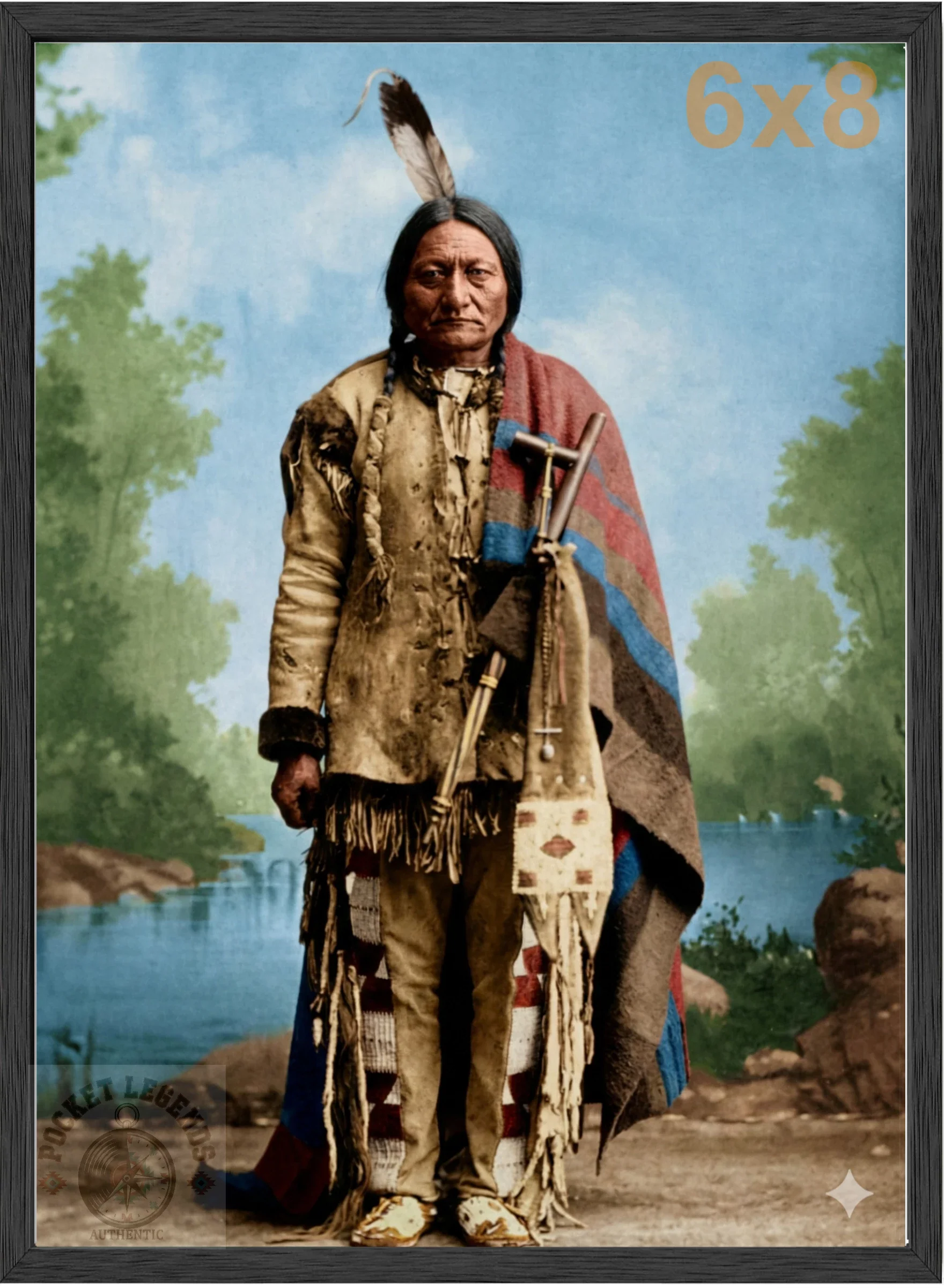 sitting bull stained oak framed color print backed 6x8 