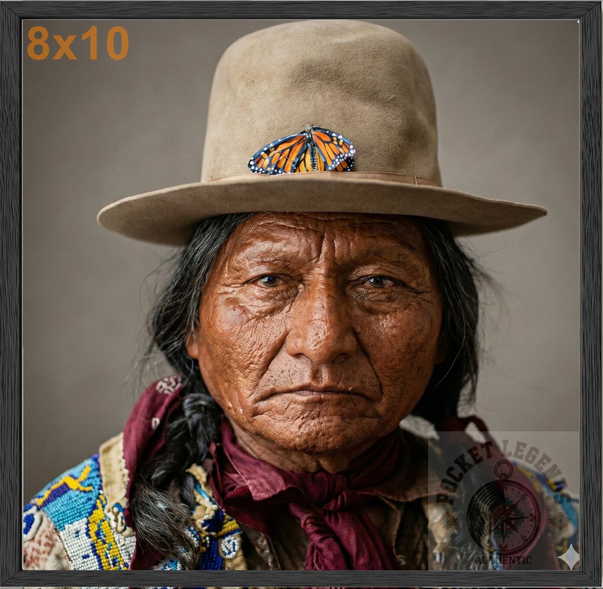 sitting bull profile stained oak framed color print backed 8x10